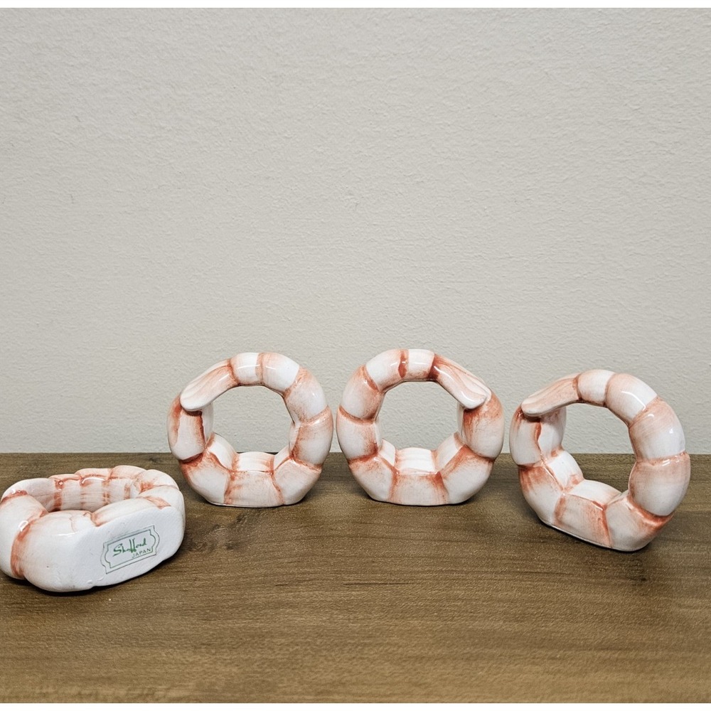 VTG Shafford Japan Ceramic 3D Sea Fare Shrimp Napkin Ring Holder Set Of 4 - 80's